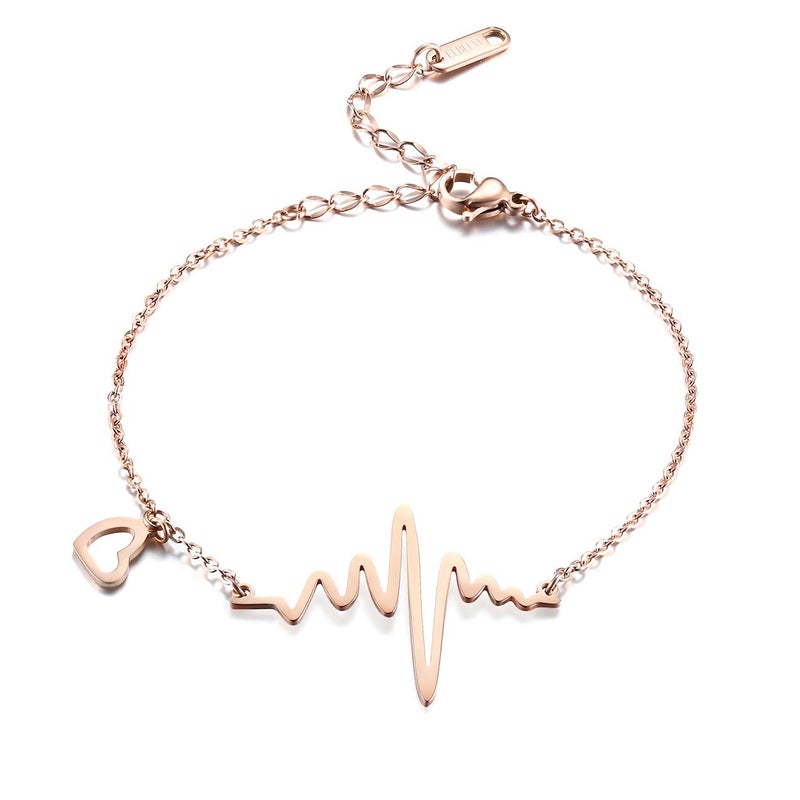 ELBLUVF Stainless Steel 18k Rose Gold Plated EKG Heartbeat Love Cardiogram Adjustable Bracelet Jewelry for Women 3 Colors (Rose gold) - Image 1